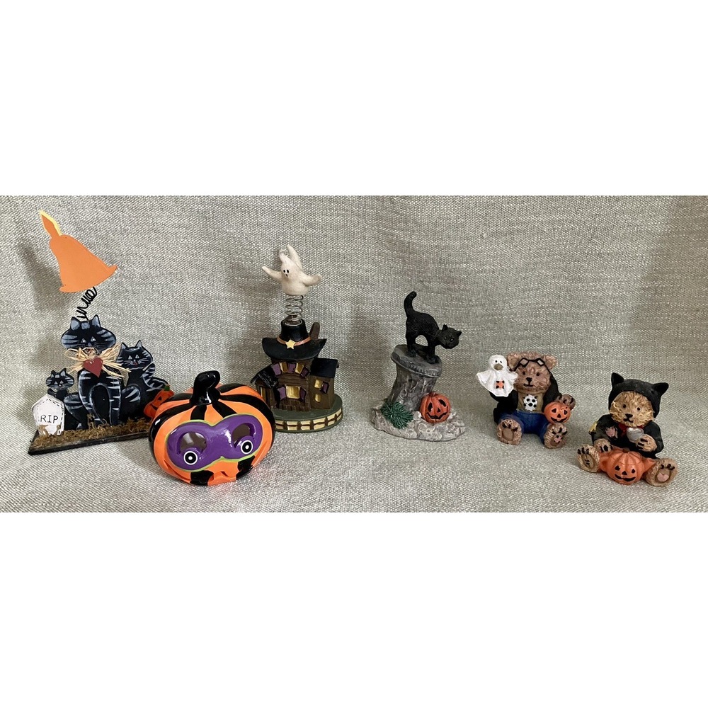 Halloween Figurine Lot 6pc Resin Bears Black Cat Jack-O-Lantern Haunted House
